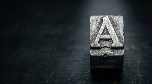 Antique lead printing type block letter A on dark charcoal background, press freedom journalism heritage printing history freedom of speech concept, copy space.