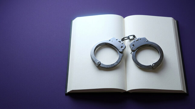 Steel handcuffs on open blank book on deep violet background, censorship restricted knowledge banned books civil liberties press freedom concept, copy space.