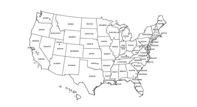 Basic Outline Map of Contiguous United States with Fictional State Names, Isolated White Background