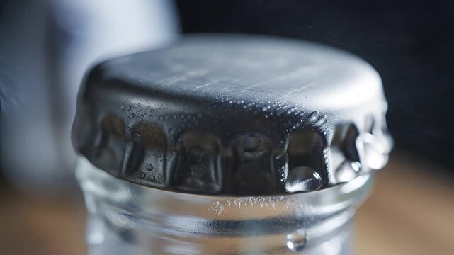 Close up of a cold bottle cap with condensation.