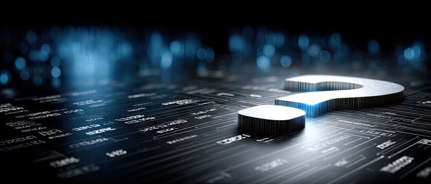 Glowing blue question mark made of binary digits sits on dark circuit board with detailed alphanumeric characters and blue light blurs from a low perspective