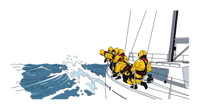 A sailing team wearing yellow waterproof gear grips a white boat railing while maneuvering through choppy sea conditions in a detailed flat vector illustration.