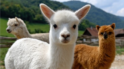 Fototapeta premium White alpaca with light brown head fur looks at camera in a green field with blurred brown and white alpacas in background and bright hill in distance