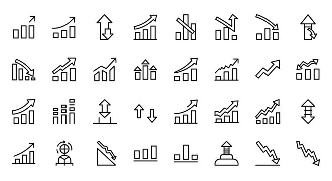 Collection of business growth chart icons, bar graphs, and financial data analytics symbols on white background