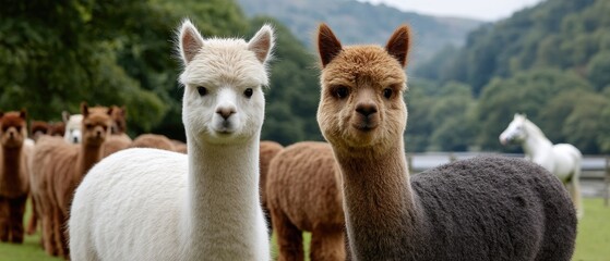 Obraz premium Close up of a white alpaca in a green field with brown alpacas and a white horse in the background under a bright sky with natural light