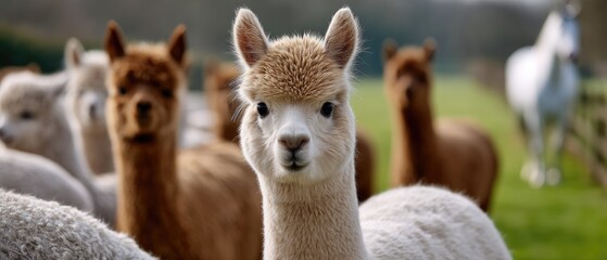 Obraz premium Close up of white alpaca in green field with brown alpacas and horse in background under bright sky