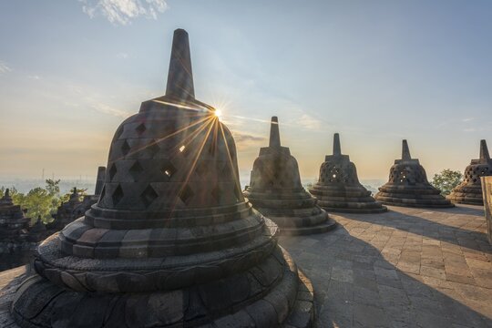 Borobudur temple at sunrise, stupas, Borobudur, Yogyakarta, Java, Indonesia