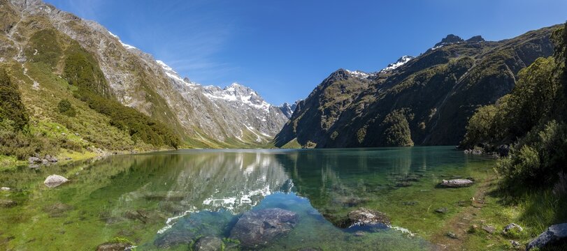Reflection in Lake Marian, Fiordland National Park, Te Anau, Southland, South Island, New Zealand