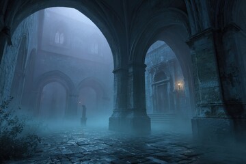 Obraz premium Moonlit Courtyard Shrouded in Spooky Fog and Mist
