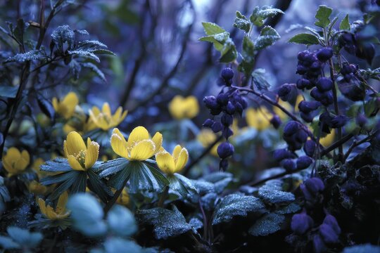 Moonlit garden bed with yellow winter aconite and dark nightshade foliage