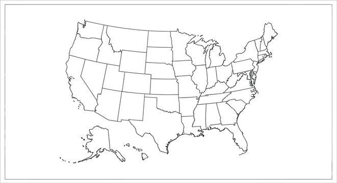 Outline Map of Contiguous United States Showing All States Borders, Isolated White Background