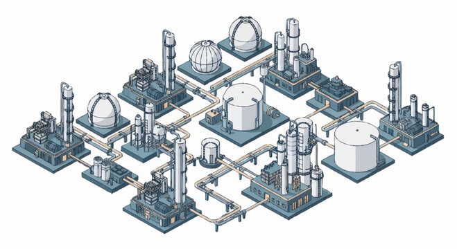 Industrial complex with pipelines and storage tanks illustration.