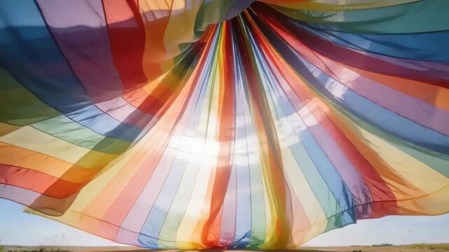 Billowing sheer rainbow fabric drifting in breeze, settling over field, sun casting color shadows