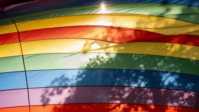 Rippling large rainbow fabric shifting with sunlight and breeze at park, with seam, leaf shadows