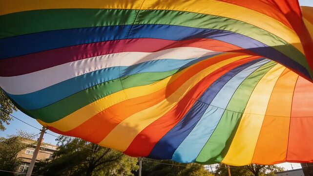 Wind lifting rainbow flag billowing over low-angle street, revealing poles, trees, building, lines