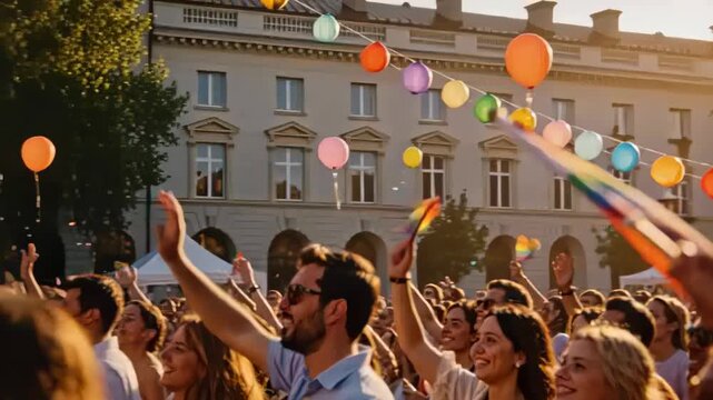 Waving single hand holding rainbow flag at public square, crowd cheering under lanterns, copy space