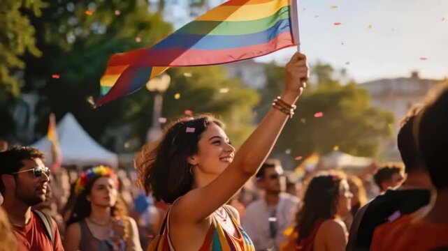 Waving woman in bright tank raising rainbow pride flag at park as event starts, confetti falling