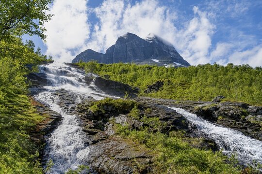 Waterfall on the river Flou between Birkenwald, Innerdalen, Hochtal, Sunndal, M&oslash;re og Romsdal, Vestlandet, Norway