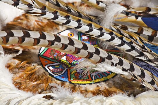 An Aztec dance troupe's feather costumes, Vienna, Austria, Europe