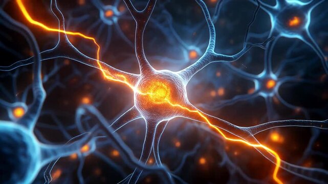 Human brain neuron cells network with glowing electrical impulse. Artificial intelligence concept.