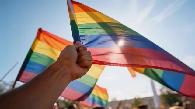 Gripping hand raising rainbow pole at street rally, wind gusts making flags billow, wearing tees
