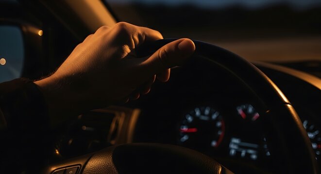 Close-up of Hand on Steering Wheel Driving a Car at Night