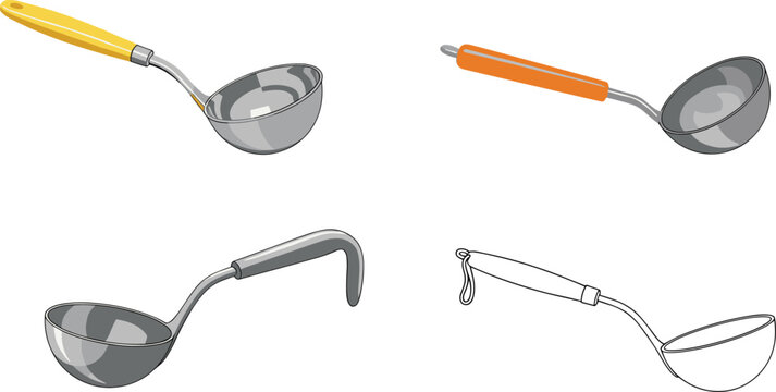 Illustration of different types of ladles with various handles for kitchenware and cooking-themed designs on white background.