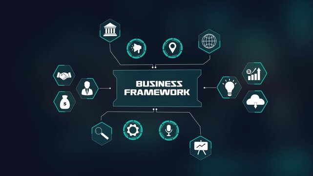 Business framework analytics hud, futuristic technology interface, digital infographic with hexagon nodes, corporate strategy concept.