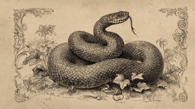 Old world snake motif in cross-hatched pen-and-ink style
