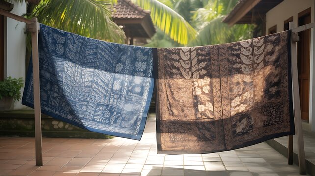 Two pieces of Indonesian batik tulis being spread wide under the sun to dry. 