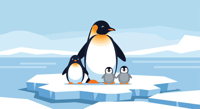 A large penguin and two smaller ones on a broken ice floe
