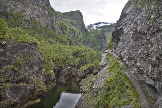 Narrow hiking trail along the Aurlandselva River, Norway, Scandinavia, Europe