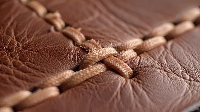 Closeup Macro Shot of Rustic Leather Stitching Detail.