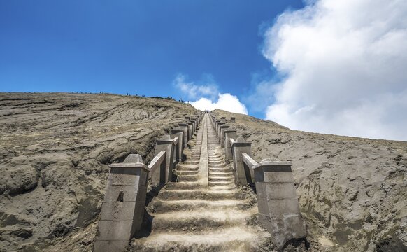Stairs to the crater rim of smoking Gunung Bromo, National Park Bromo-Tengger-Semeru, Java, Indonesia