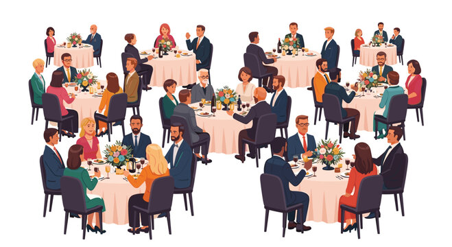 Diverse groups of men and women sit together around multiple round tables during a formal dinner event in a bright, minimalist vector illustration style environment.
