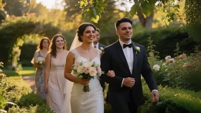 Walking bride and groom in gown and tuxedo along garden path after ceremony, holding bouquet, veil