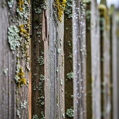 Obraz premium Close-up of Weathered Wooden Fence with Moss and Lichen