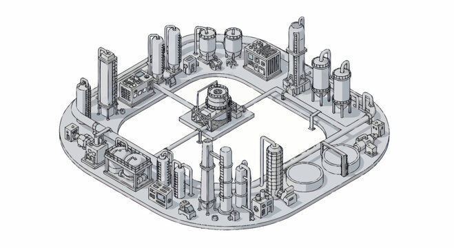 Industrial Complex Schematic Drawing with Buildings and Pipes.