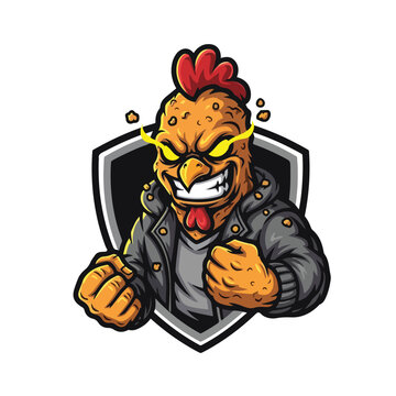 Aggressive rooster mascot with leather jacket