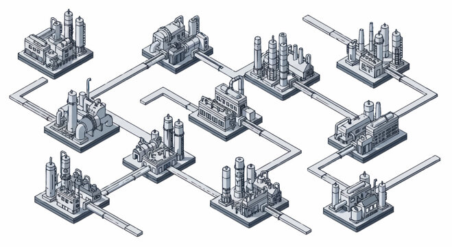 Industrial factory complex with connected pipelines isometric illustration.