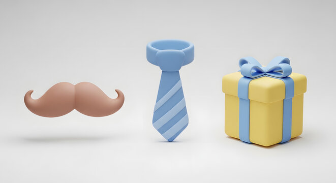 3D illustration of a symbol featuring a gift box, tie and mustache for Father's Day celebrations.