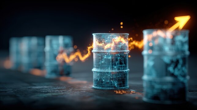 Illustration of oil barrels with an upward trending arrow, highlighting the concept of rising prices and the energy sector. ..Created with Generative AI, not depicting real subjects.