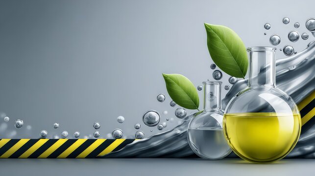 Innovative lab scene with flasks, liquid, and green leaves.