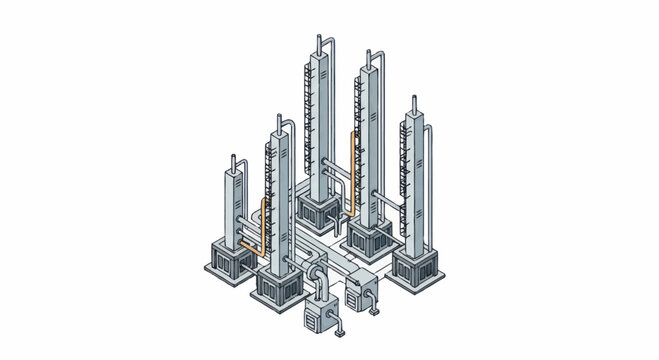 Industrial distillation columns in a chemical plant setting.