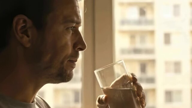 Drinking man in gray tee, thirsty, sipping clear glass at apt window, gazing balconies, copy space
