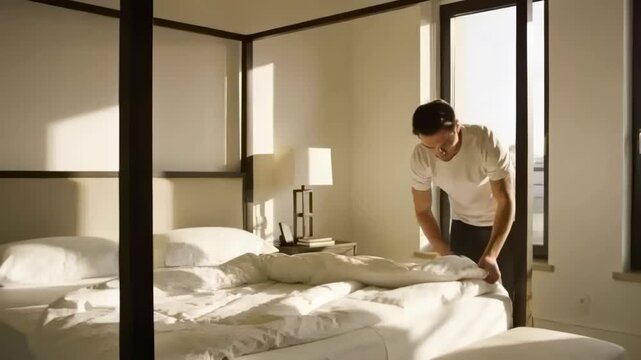 Sunlight streaming man in white tee smoothing duvet, tidying pillows on four-poster bed, copy space