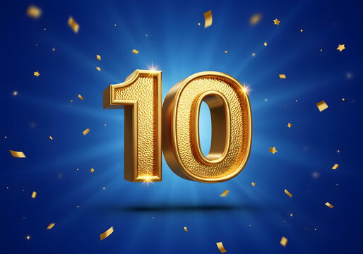Golden number 10 with confetti and light rays on a blue background, celebrating a decade of achievement