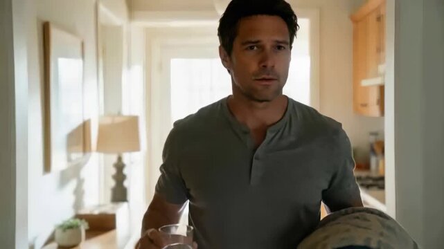Walking man starting at back door bringing towels and glass into kitchen while wearing henley