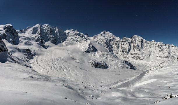 Winter mountain panorama on the Diavolezza at full moon, night view, view of the Bernina Group, Piz Pal&uuml;, Bellavista, Piz Bernina, Persgletscher, Morteratschgletscher, Engadine, Switzerland
