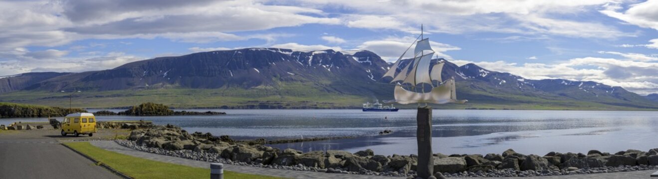 Panorama of Vopnafj&ouml;r&eth;ur harbour with monument to emigrants, Austurland, Iceland